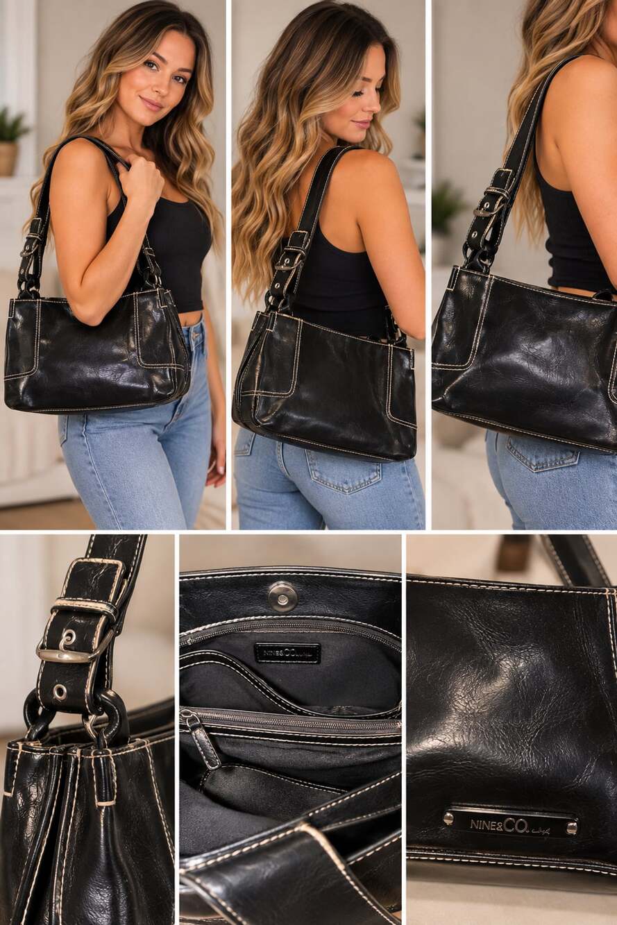 Nine & Co. Black Faux Leather Y2K Shoulder Bag with Contrast Stitching